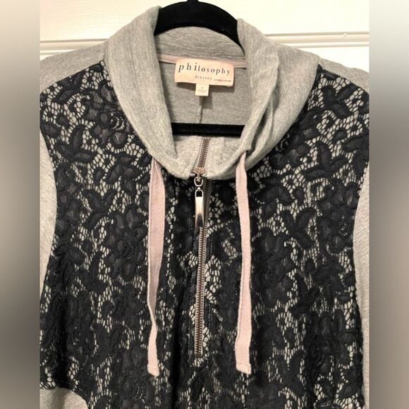 Philosophy Gray Sweater Dress Black Lace Front Pockets Women’s Large - Picture 4 of 9